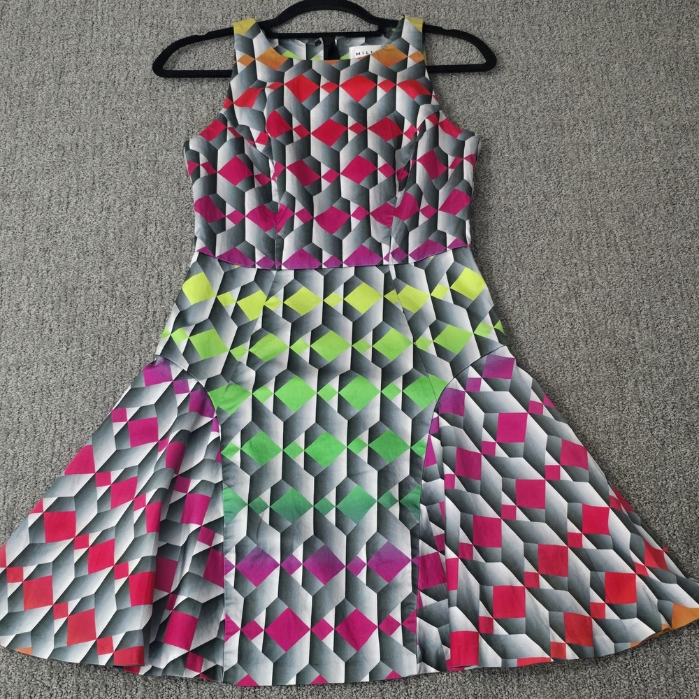 MILLY Dress 4 Neon Geometric Optical Print Fit Flare Mini Made USA Colorful